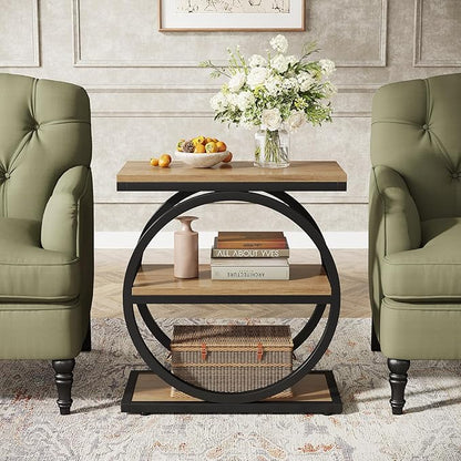 Tribesigns Side End Table with 3 Storage Shelves Set of 2, Industrial Sofa Table with Round Metal Frame for Living Room, Engineered Wood Nightstand for Bedroom, Oak