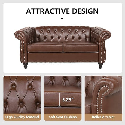 Loveseat Sofa Couch, Modern PU Leather Upholstered Sofa, Oversized Comfy 2 Seater Love Seat Couch with Cushions, Mid Century Tufted Chesterfield Sofa for Living Room, Bedroom, Apartment (Brown)