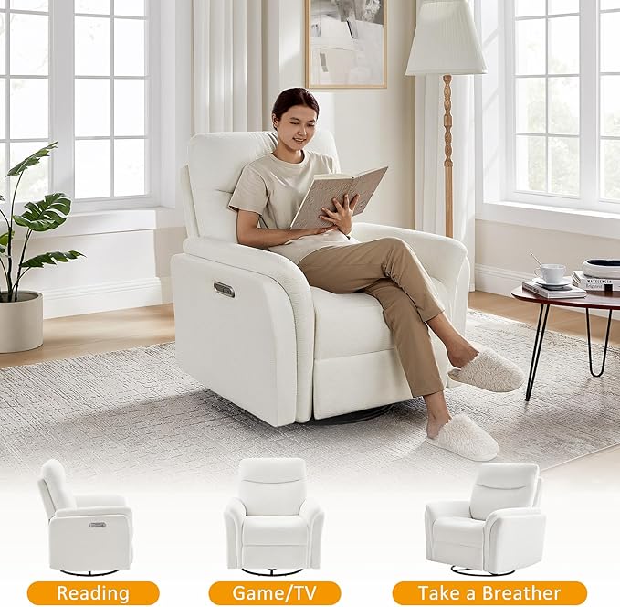 VANOMi Power Recliner Chair Swivel Glider, Electric Rocking Recliner Chairs with USB and Type-C Ports, Nursery Chair Recliner for Living Room, Bedroom, Apartment（White）