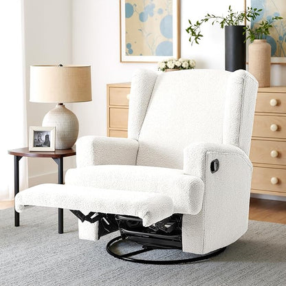 Boucle Swivel Glider Recliner Chair for Adults - Plush High Back Rocker with Deep Seat, Manual Reclining Upholstered Armchair for Living Room or Nursery, Textured Fabric Accent Chair-White
