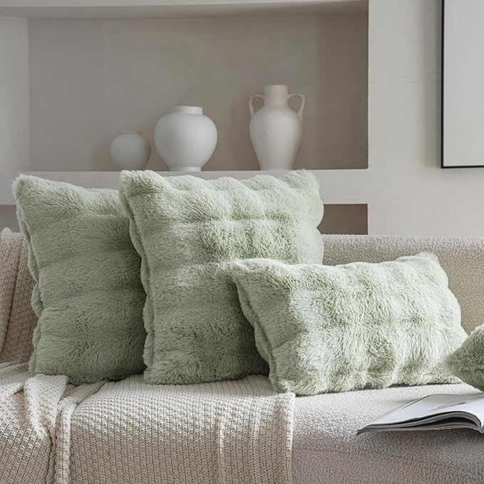 Neelvin Green Faux Fur Cozy Soft Double-Sided Decorative Throw Pillow Covers 18x18 inch Set of 2,Velvet Pillowcase Cushion Case for Sofa Couch