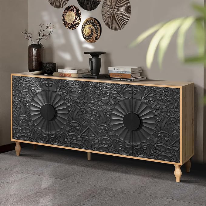 63" Sideboard Buffet Credenzas for Living Room, Black+Natural Entryway Table with Storage Accent Cabinet, Carved Flowers Doors & Wire Holes