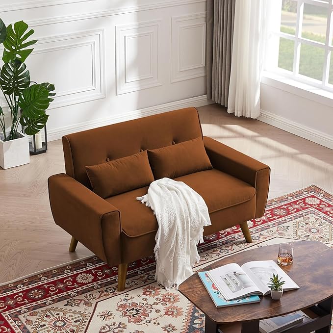 48.8" Small Loveseat Sofa, Mid Century Modern Love Seat Couch with Back Cushions and Plastic Legs, 2 Seater Couches for Living Room, Bedroom, Small Spaces, Orange