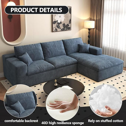 107'' L-Shaped Modern Modular Sectional Cloud Couch, 4-Seat Chenille Deep-Seat Sofa with Pillow for Living Room, Bedroom, Apartment, Ocean Blue