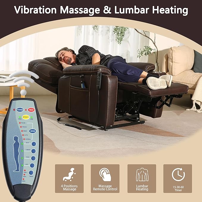 Lift Chair for Elderly: 9988 High Density Foam Lay Flat Heat and Massage, Reclining to 180, 2 Pockets Cup Holders, 2 Remote Controls, Dual OKIN Motors - Breathable Leather Reddish Brown