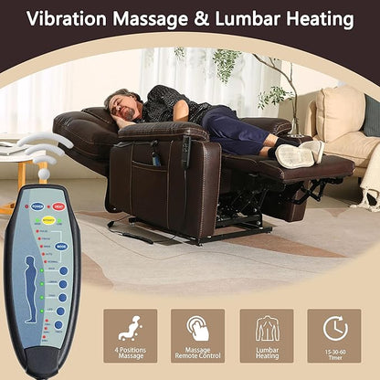 Lift Chair for Elderly: 9988 High Density Foam Lay Flat Heat and Massage, Reclining to 180, 2 Pockets Cup Holders, 2 Remote Controls, Dual OKIN Motors - Breathable Leather Reddish Brown