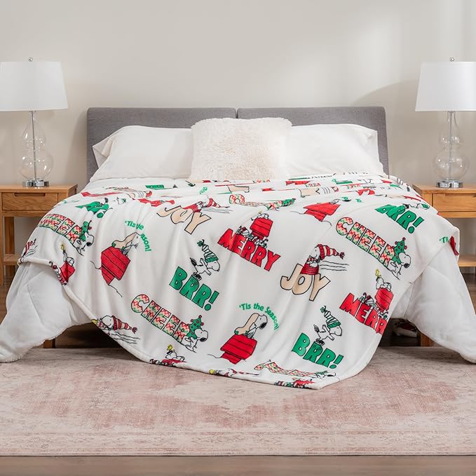 Berkshire Blanket Peanuts® VelvetLoft® Cute Character Snoopy Plush Blanket,Christmas Snowy Scene,King 90 in x 108 in (Official Peanuts® Product)