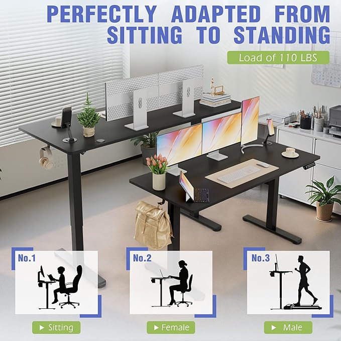 Homall Height Adjustable Electric Standing Desk, Memory Stand up Desk with Headphone Hook, Home Office Desks with Splice Board
