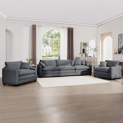 mikibama Luxury 3 Piece Sofa Set, 3-Seater & 2 Single Sofa Set, Modern Corduroy Comfy Cloud Couches Set for Living Room Office with 2 Armrest Pillows and 5 Toss Pillows, Grey
