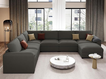 EASE MOOSE Large Faux Leather Sectional with Ottoman, Oversized Modular Couch, Modular Sectional Sofa with Deep Seat, Scratch Resistant Faux Leather Material, U Shaped Couch for Big Spaces, Grey