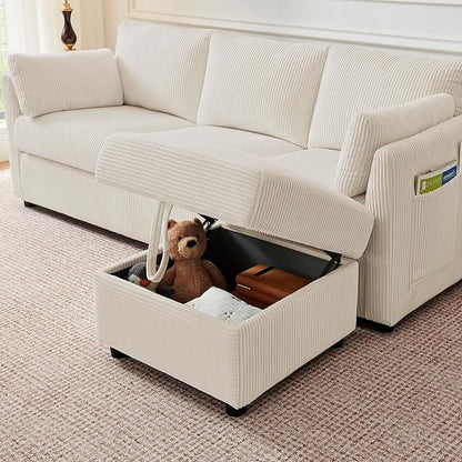 Corduroy Storage Ottoman for Living Room Sofas Couches, Square Ottoman with Storage Space Foot Rest Stool for Apartment, Dorm, Entryway, Beige
