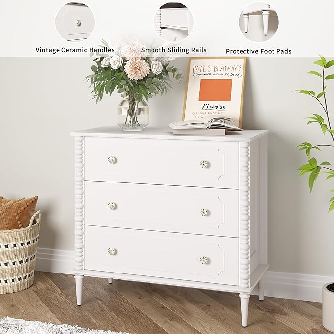 3 Drawer Dresser, 32 inch Wide Dresser for Bedroom, Modern Wood Chest of Drawers, Turned Legs Nightstand with 3 Drawers for Dorms, Hallway, Entryway (White)
