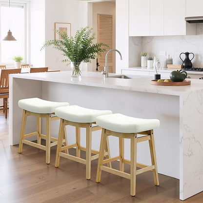 White Bar Stools Set of 3 for Kitchen Counter Island Counter Height Farmhouse Modern Barstools with Faux Leather Upholstered Backless Seat and Solid Wood Legs 24 inch Bar Chairs