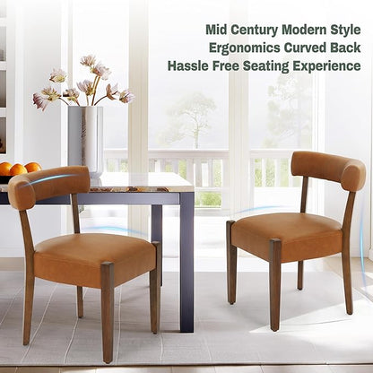 Modern Dining Chairs Set of 8, Faux Leather Upholstered Kitchen & Dining Room Chairs, Mid Century Modern Wooden Dining Chairs Oversized Sturdy Rounded Chairs Curved Back, Brown