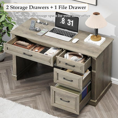 Farmhouse 47" Executive Desk, Computer Desk with Drawers and File Drawer, Workstation Computer Desk with Charging Station for Home Office,Study,（Wash Grey）