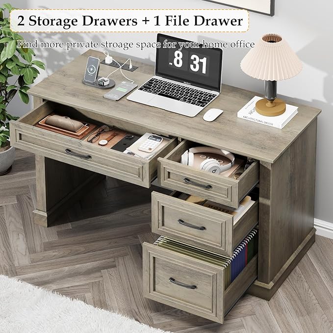 Vabches Farmhouse 47" Executive Desk, Computer Desk with Drawers and File Drawer, Workstation Computer Desk with Charging Station for Home Office,Study,Dark Grey.