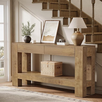 Tribesigns 63" Console Table with 2 Drawers, Farmhouse Entryway Table with Storage Shelf and Sturdy Legs, Wooden Sofa Table for Living Room, Hallway, Entrance (Brown)