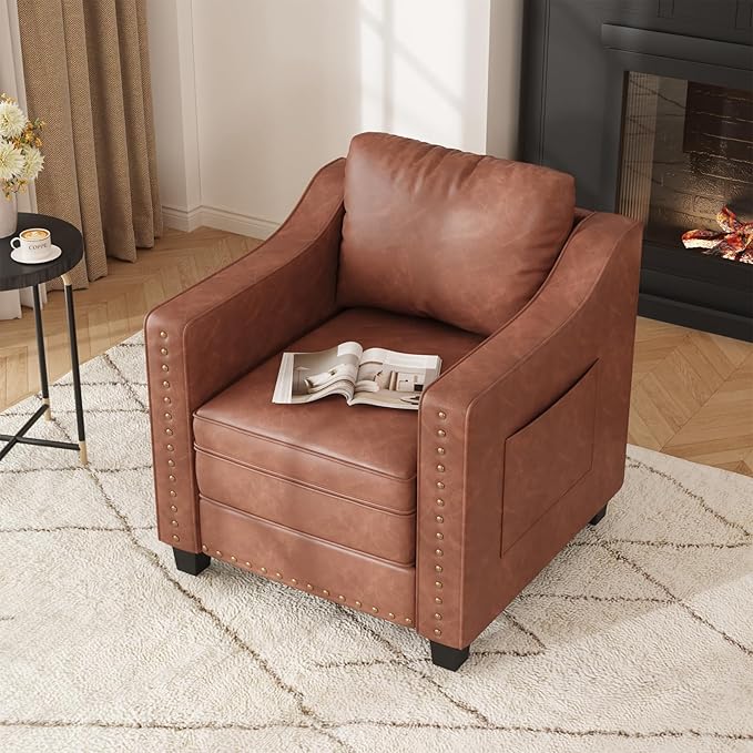 Faux Leather Accent Chair Set of 2 for Living Room, 30 Inches Barrel Upholstered Armchair, Cozy Mid Century Modern Club Arm Chair Single Sofa for Bedroom, Apartment, Reading Room, Brown