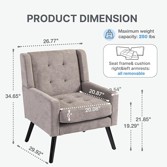 Mid-Century Modern Accent Chair, Plush Linen Fabric with Button Tufted High Back & 5" Thick Cushion, High Comfort Reading Chair for Living Room, Bedroom, Office (Light Gray)