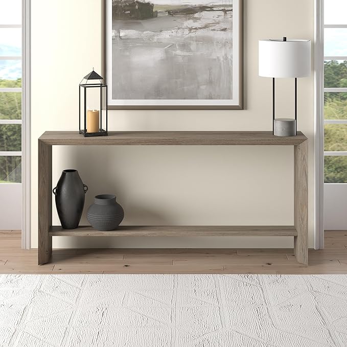 Henn&Hart 64" Wide Rectangular Console Table in Antiqued Gray Oak, for Home, Living Room, Bedroom, Entertainment Room, Office