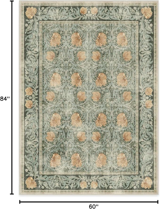 RUGGABLE x Morris & Co Washable Area Rug – Pimpernel Vintage Green 5x7, Stain-Resistant, Non-Slip – Medium Machine Washable Rugs for Living Room, Bedroom, Hallway, Entryway & Office–with Standard Pad