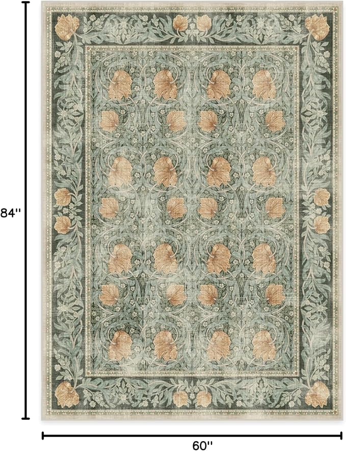 RUGGABLE x Morris & Co Washable Area Rug– Pimpernel Vintage Green 5x7, Stain-Resistant, Non-Slip – Medium Machine Washable Rugs for Living Room, Bedroom, Hallway, Entryway & Office–with Cushioned Pad