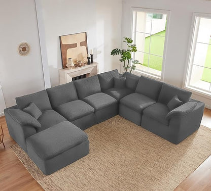 143" Cloud Sectional Couch, Boneless couches for Living Room, 7 Seater Large Modular Sectional Sofa with Deep Seat, Comfy Soft Cushions, No Assembly, Gray