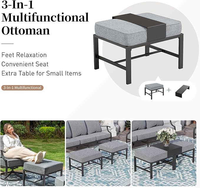 5 Piece Metal Outdoor Patio Furniture Set, Patio Conversation Sets 1 3-seater Sofa, 2 Fixed Chair, 2 Ottomans with 5.75" Thick Cushion, Black All-weather Frame Backyard Furniture, Gray