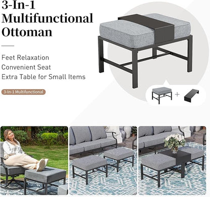 5 Piece Metal Outdoor Patio Furniture Sets, Patio Conversation Sets 1 3-Seater Sofa, 2 Swivel Chairs, 2 Ottomans with 5.75" Thick Cushion, Black All-Weather Backyard Furniture, Gray