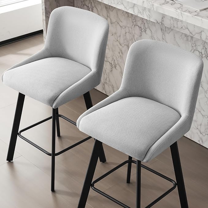 Swivel Bar Stools Set of 4, 30''H Upholstered Barstools with Backs, Modern Counter Height Bar Stool Chairs for Kitchen Island, Metal Legs, Fabric, Light Gray Counter Stools