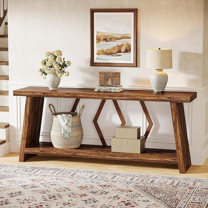 Tribesigns 70.86-Inch Extra Long Console Table for Living Room, 2-Tier Sofa Table Behind Couch with Storage, Wooden Console for Entryway Hallway, Brown