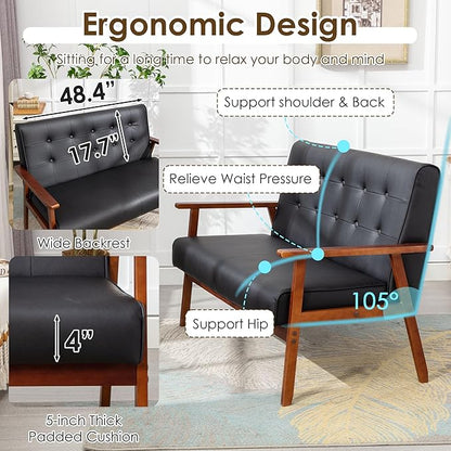 STHOUYN Black Small Leather Couch for Office, Booth Seating 2 Person Waiting Room Bench Couch, Mid Century Modern Loveseat Wood Sofa (Black)