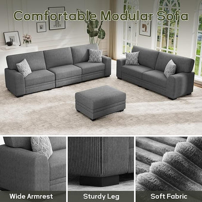 Wanderwell Oversized Modular Sectional Sofa, 6-Seater U Shaped Couches with Movable Ottoman,Corduroy Sectional Couch with Wide and Deep Seats Suitable for Living Room,Bedroom,Apartment (Grey, 2+3+OT)