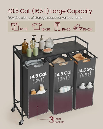 VASAGLE Laundry Sorter, 43.5 Gal. (165 L) Laundry Hamper Basket with 3 Compartments, Rolling Cart with Wheels, Shelf, Removable Bags, Pockets, Slate Gray and Charcoal Gray UBLH031G01