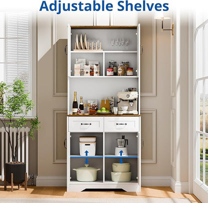 Cozy Castle Pantry Cabinet, Farmhouse Kitchen Hutch Cabinet with Storage Drawers Freestanding Coffee Bar Liquor Sideboard Large Countertop Cupboard for Dining Room, Living Room, 71'' Tall White