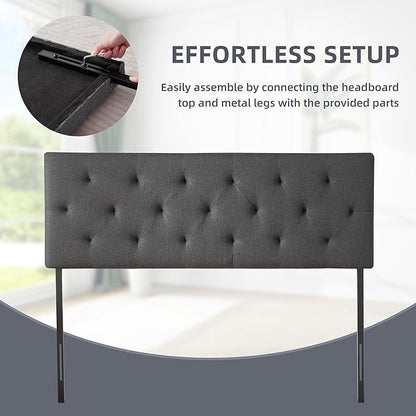 Linen Upholstered Headboard Full Size, Modern Diamond Tufting Solid Wood Full XL Headboard Only, Adjustable Height from 37” to 51” Head Board, Bed Frame or Wall Mount Headboards, Dark Grey