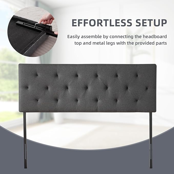 Linen Upholstered Headboard King Size, Modern Diamond Tufting Solid Wood Cali King Headboard Only, Adjustable Height from 37” to 51” Head Board, Bed Frame or Wall Mount Headboards, Dark Grey