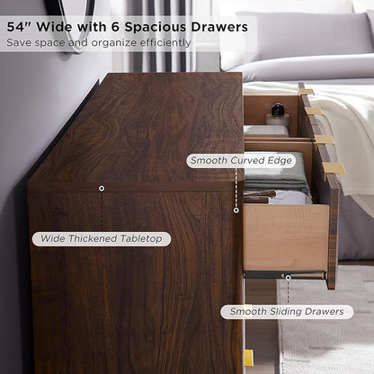 T4TREAM Fluted 6 Drawers Dresser, 54" Wide Modern Chest of Drawers, Curved Profile Design, Dresser TV Stand, Wood Drawer Organizer for Bedroom, Living Room, Hallway, Dark Walnut