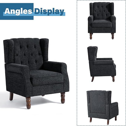 High Back Accent Chairs Set of 2, High Wingback Chair for Living Room, Button-Tufted Upholstered Fabric Armchair with Solid Wood Legs, Comfy Single Sofa Reading Chair for Bedroom, Dark Navy