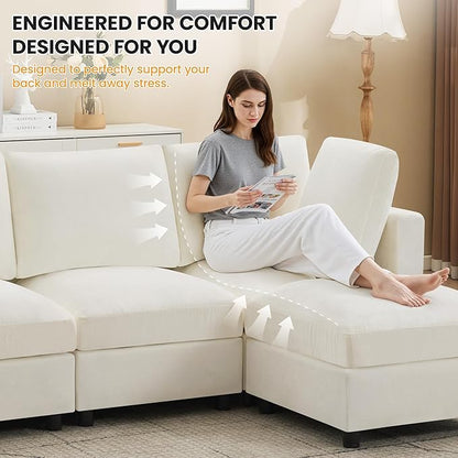4-Seater Modular Sectional Cloud Sofa with Ottoman, Convertible L-Shaped Couch for Living Room, Modern Deep Seat Modular Sofa, Chenille Beige