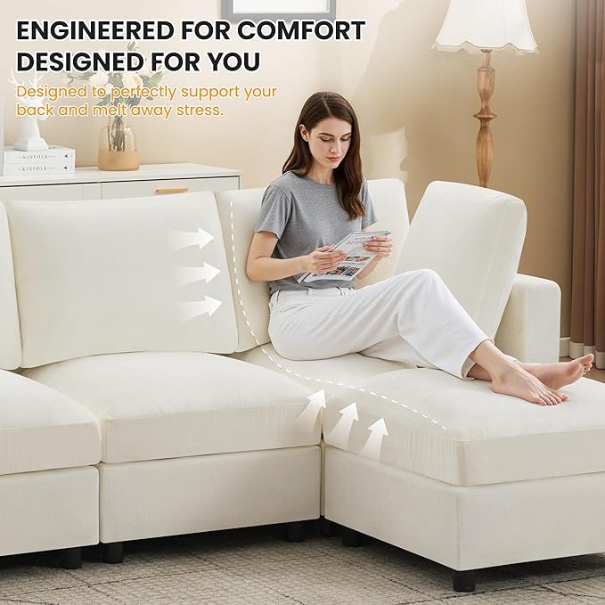 4-Seater Modular Sectional Cloud Sofa with 2 Ottomans, U-Shaped Couch for Living Room, Modern Deep Seat Sofa with Soft Back Cushions, Chenille Beige
