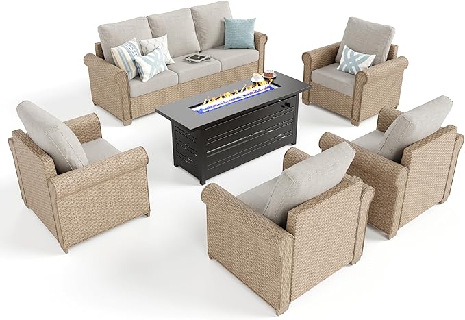 Patio Furniture Set 6 pcs, Wicker Rattan Sofa and Chairs with 5.5" Thick Waterproof Cushions, 56" Fire Pit Table, All Weather Outdoor Conversation Set for Backyard Deck, 7 Seats Beige