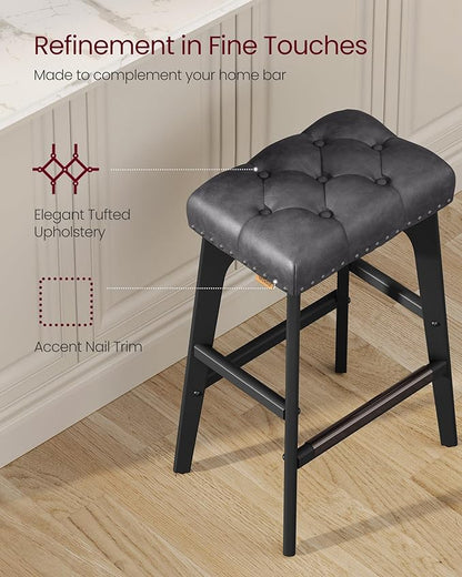 VASAGLE Bar Stools Set of 2, Saddle Counter Height Bar Stools, 26-Inch Backless Kitchen Stools with Wood Legs, PU Leather Thickened Upholstered Barstools for Kitchen Island Dining Room, Ink Black