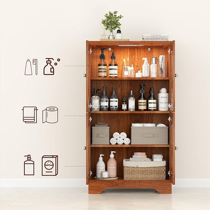 PARTPHONER Bathroom Floor Storage Cabinet with Cabinet Lights, Modern Storage Cabinet with 4 Doors and Adjustable Shelves, Buffer Hinges, Walnut Pantry Cabinet for Living Room & Kitchen
