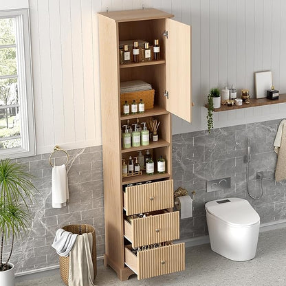 Tall Freestanding Storage Cabinet with One Door & 3 Drawers, Multi-Purpose Organizer with Open Storage and Adjustable Shelf for Bathroom, Office, Living Room, Wood