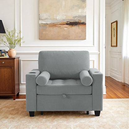 Convertible Sleeper Chair Bed, Comfy Corduroy Single Futon Sofa Chair with Pull Out Bed, 3-Levels Adjustable Backrest Accent Chair with Side Pockets, Cup Holder & USB Ports for Living Room, Bedroom