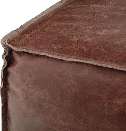 SIMPLIHOME Sheffield Square Pouf - 18 inch Wide Genuine Leather Ottoman in Brown, Boho-Style Footrest, Extra Seating, or Accent Piece for Living Room or Bedroom, Assembled