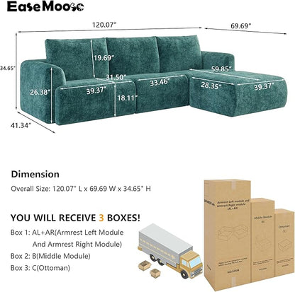 EASE MOOSE Sectional Cloud Couch for Living Room, Modular Boneless Sofa Large L-Shaped, Modern Cloud Sofa Set with Fluffy Foam, Oversized 4-Seater Deep Sofas with Ottoman for Bedroom, Chenille (Blue)