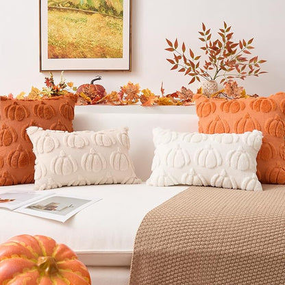 Kevin Textile Fall Pillow Covers 20x20 Inch Set of 2 Soft Pumpkins Decorative Square Pillowcases Plush Autumn Faux Fur Cushions Harvest Gift for Couch Sofa Chair Bedroom Home Decor, Beige