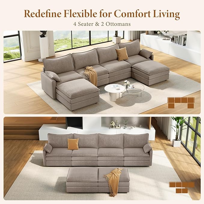 Vesgantti 142" U Shaped Sectional Couch, Comfy Cloud Modular Sectional Sofa with 2 Ottoman Deep Seat Chenille Modern Cloud Sofa, Modular Sofas for Living Room, Bedroom and Apartment, Light Brown